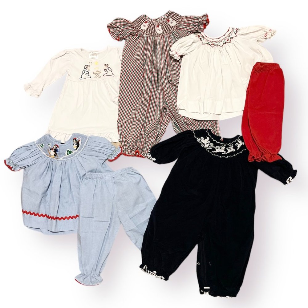5 Piece Christmas Smock Outfits- 12-18 Months
